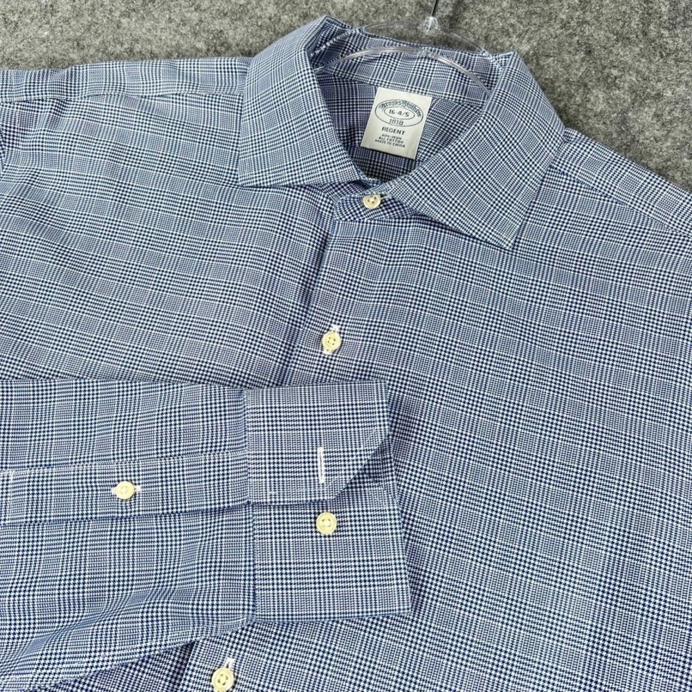 Brooks Brothers 1818 Regent Mens Shirt 16 4/5 L Blue White Glen Plaid Non Iron